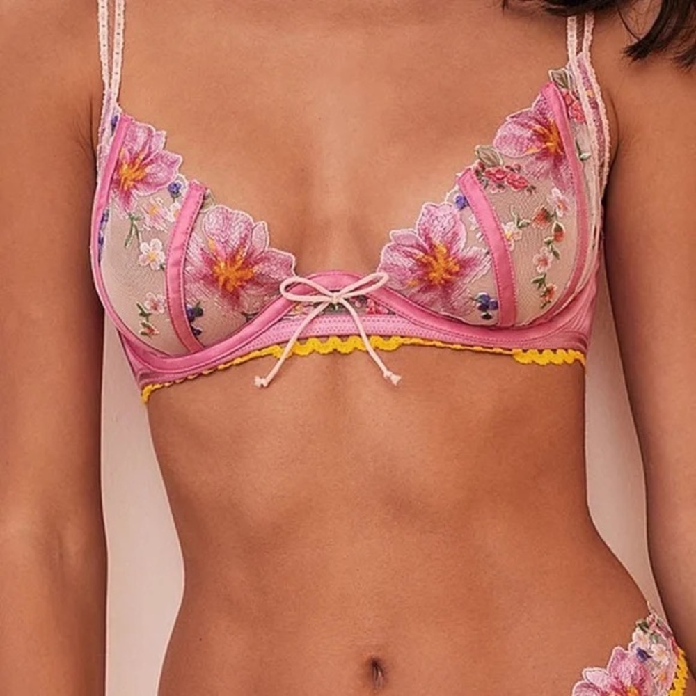 For Love and Lemons Floral Embroidered Pink Bra